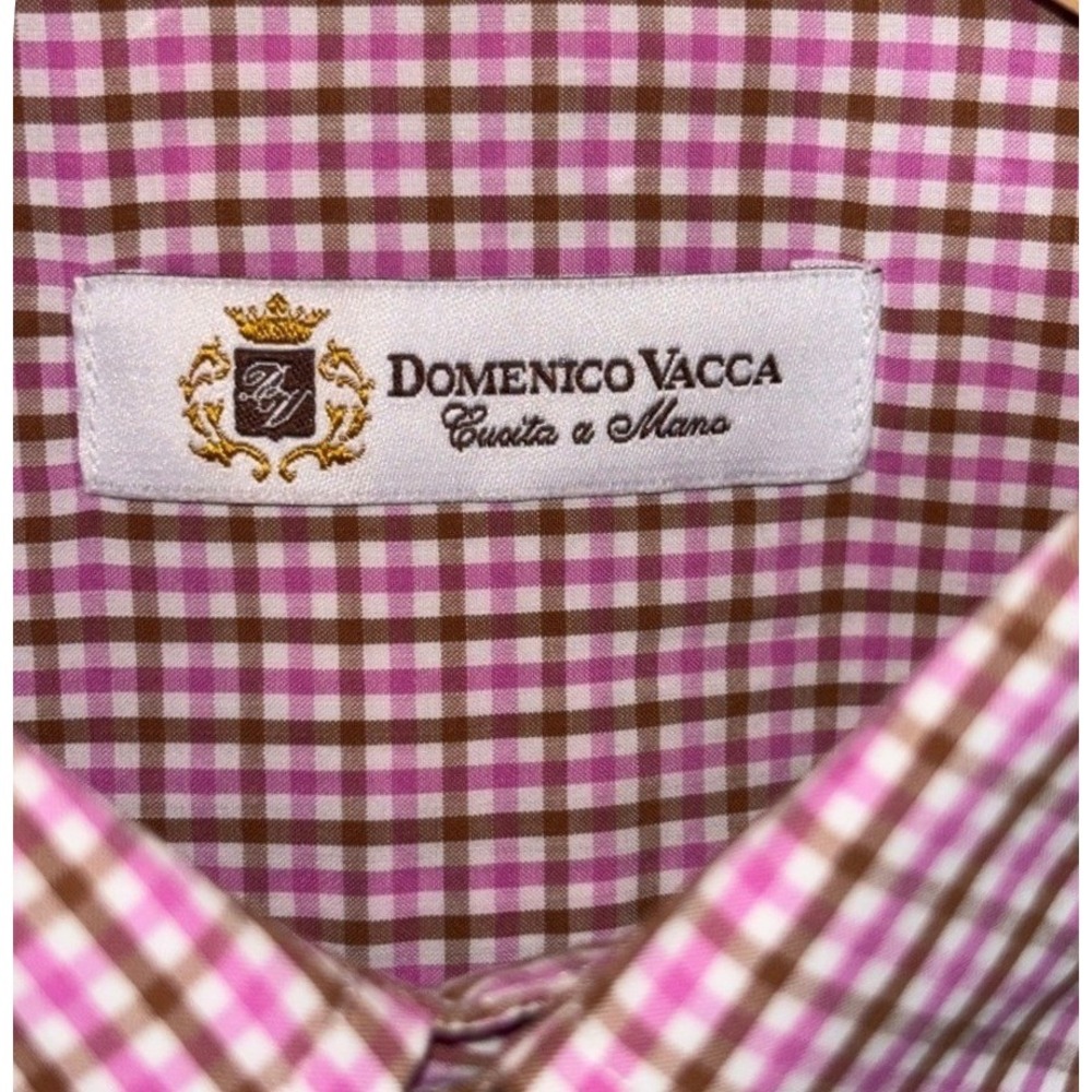 Domenico Vacca Mens Dress Shirt Pink Brown Gingham Check Cotton Tailored, 15.5‎